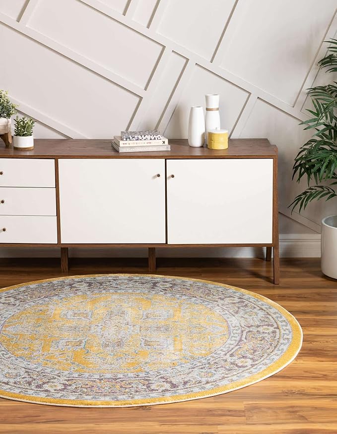 Unique Loom Baracoa Collection Area Rug - Prado (3' 3" Round, Yellow/ Ivory)