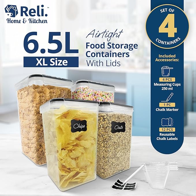 Reli. 6.5L Airtight Food Storage Containers with Lids (4 Sets) | Kitchen Organizers and Storage Containers, Pantry Organizers | BPA Free Plastic XL Set w/ 4 Measuring Cups, 12 Labels, Pen