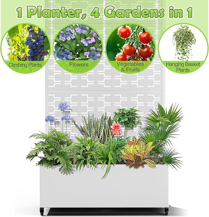 15.7"×70.9"×35.4" Metal Raised Garden Bed with Trellis and Wheels - Tall Trellis Planter Box for Climbing Plants, Vegetables & Vines - Outdoor Privacy Planters for Patio (White-Brick)