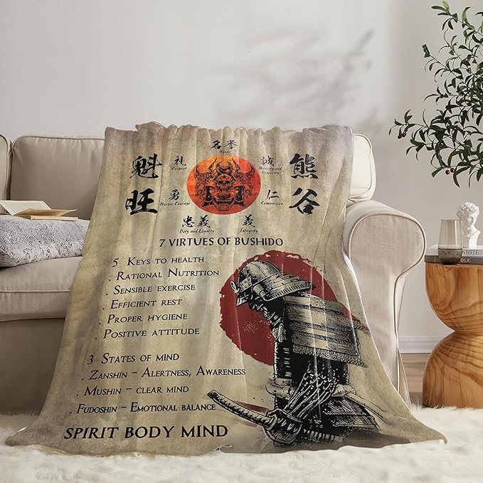 Tijuboni Japanese Samurai Throw Blanket Japanese Warrior Gifts for Men Women Girls Boys Kids Adults Soft Flannel Fleece Blanket for Couch Sofa Bed Home Decor 40"x50"