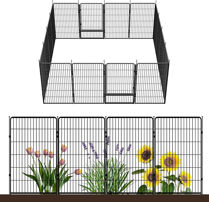 SunsGrove Tall Garden Fence with Gate, 45 in(H) x 35.7 ft(L) 16 Panels Heavy Duty Metal Animal Barrier Fence for Yard, Suitable for Indoor or Outdoor Dog Pet Fence, Garden Fence Border, Black