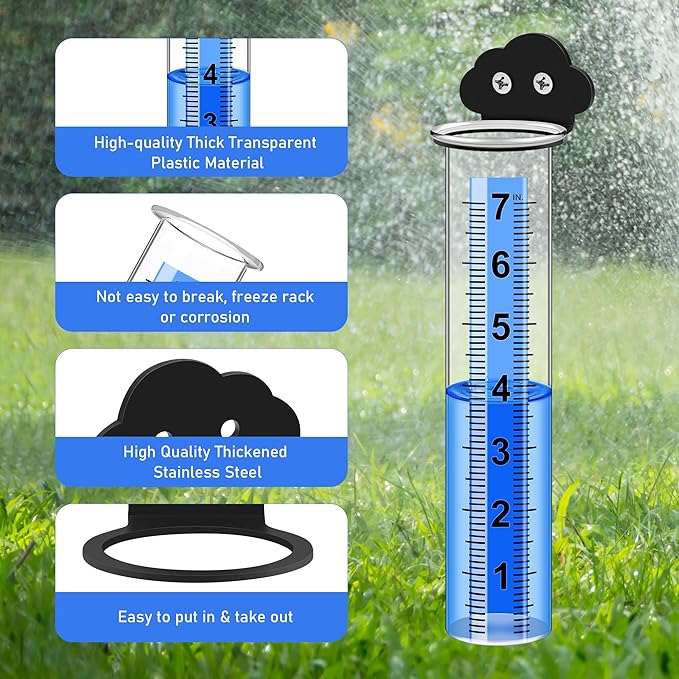 Rain Gauge Outdoor, Rain Gauge Replacement Tube with Stainless Steel Mounting Rack Holder, 7" Clear Large Numbers Rain Gauge Measuring Tool for Garden Yard Lawn Patio Yard Fence and Farm Use (Cloud)