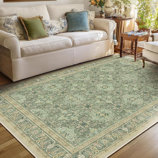 Boho Sage Green 6x9 Area Rug, Non Slip Washable Rugs for Living Room Bedroom Low Pile Thin, Floral Moroccan Pattern Printed Carpet Rug for Dining Room Home Office Nursery Playroom