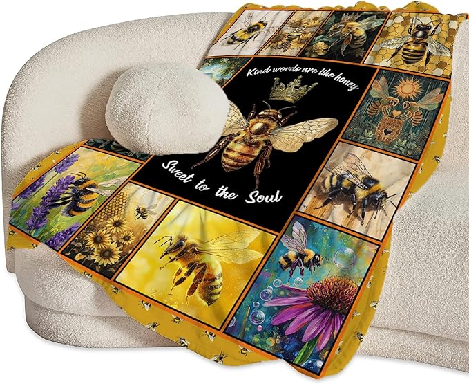 Bee Blanket Ultra Soft Cozy Bee Queen Throw Blanket Fleece Fuzzy Plush Bee Honey Blanket Decor Gifts for Women Girls Adults Couch Sofa 60"x50"