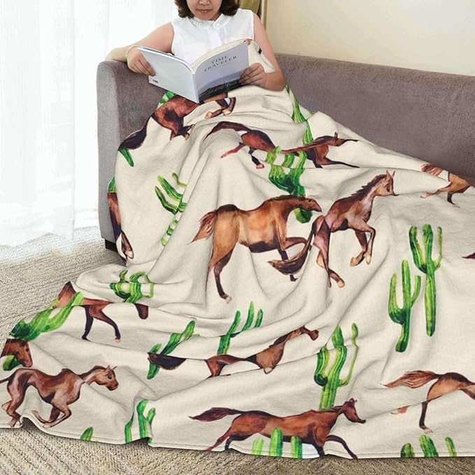 Horse Blanket Horses Throw Blanket Soft Fleece Flannel Bedding Horses Cactus Gifts for Men Boys Women Girls Lovers Adults Stuff Plush for Couch Sofa Bed Room Decor 40"X50"