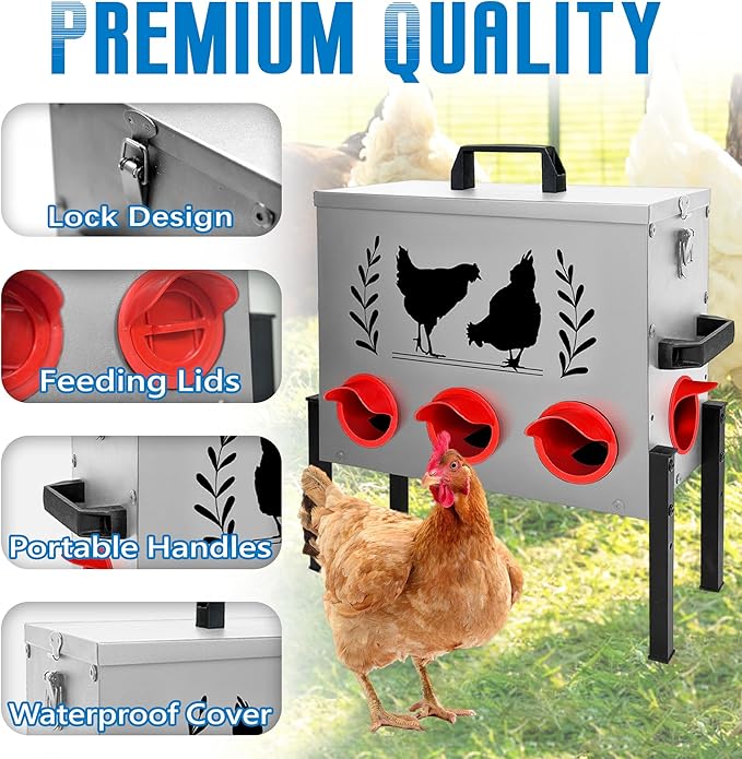 Chicken Feeders, 50 lb Capacity 8 Port Automatic Chicken Feeder, Metal Chick Feeders with Locking Lid and Legs, Chicken Feeder for Chickens, Ducks, Geese，Silver