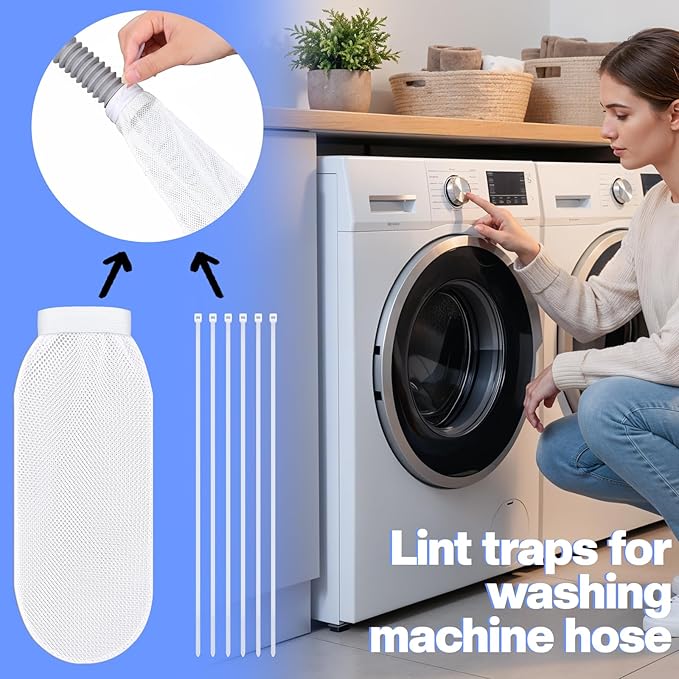 64 Pieces Washing Machine Lint Traps and Cable Ties Set, Includes 16 Nylon Mesh Lint Traps and 48 Tie Straps Laundry Discharge Hoses Filter Lints Catcher Cleaning Tool