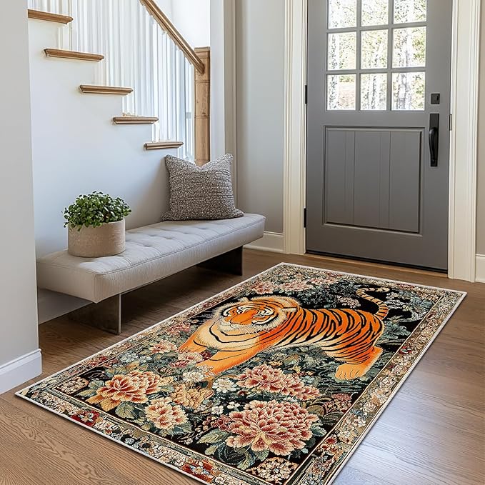 3x5 Tiger Rugs Boho Floral Flower Tiger Rug for Bathroom Kitchen Entryway Indoor Soft Non-Slip Thin Hippie Carpet Small Doormat for Office Dining Room Under Table Washable Machine