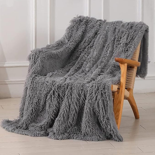 Tuddrom Decorative Extra Soft Faux Fur Throw Blanket 70" x 78",Solid Fuzzy Reversible Fluffy Cozy Plush Mink Fleece Comfy Microfiber Blanket for Couch Sofa Bed, Grey