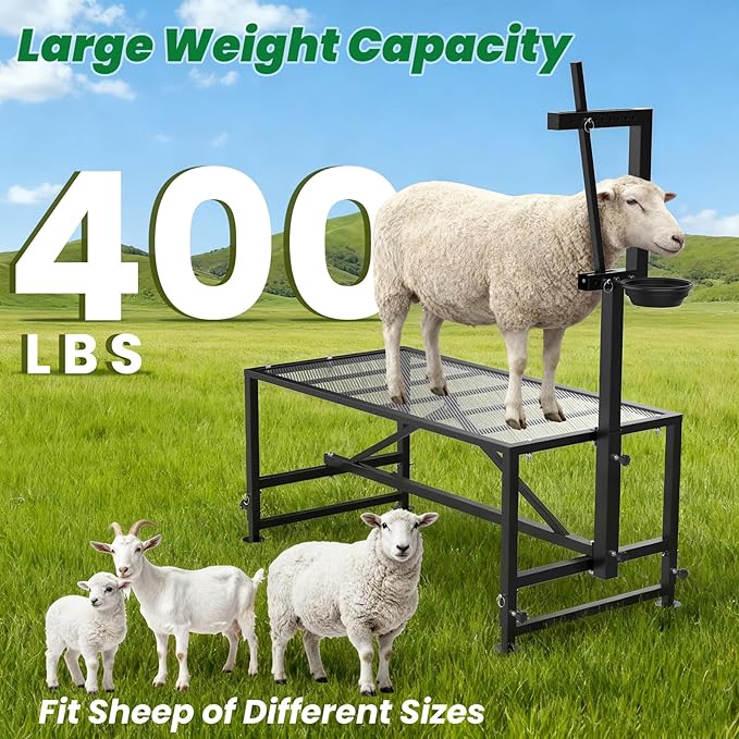 Goat Stand for Milking with Feed Bin, 400LBs Metal Trimming Stand for Sheep Goat with Adjustable Size Goat Milking Stand for Clipping Hooves