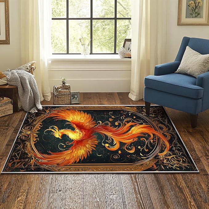 3x5 Phoenix Area Rugs Boho Vintage Phoenix Rug for Bathroom Kitchen Entryway Indoor Soft Non-Slip Thin Hippie Carpet Small Doormat for Office Dining Room Under Table Washable Machine