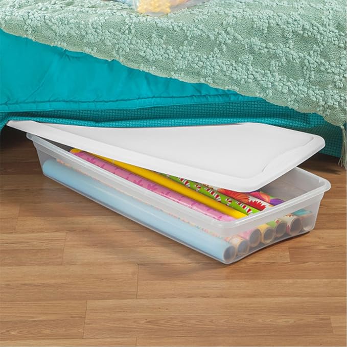 Sterilite 6 Pack Storage Box, 41 Quart Stackable Tote, Clear Plastic Container with Secure Snapping Lids for Home and Office Organization, White