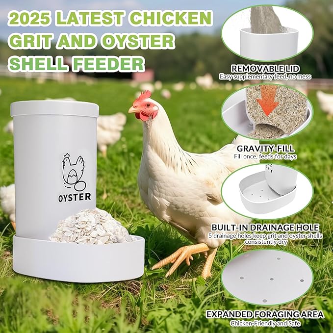 2 Pack Chicken Oyster Shell Feeder, Grit Feeder with Lid, Hanging Gravity Chicken Poultry Feeders Trough, Coop Accessories Supplies