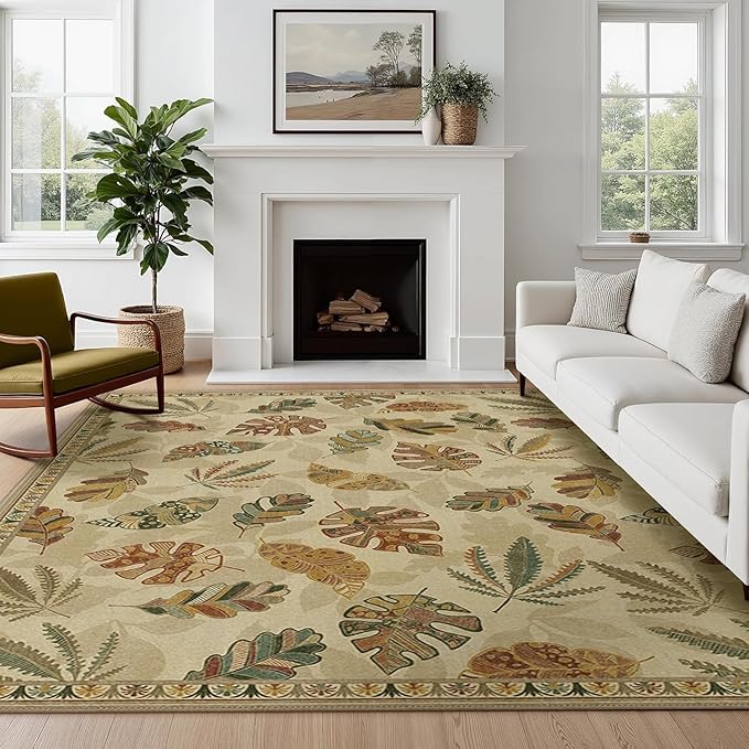 GENIMO 6x9 Area Rugs for Living Room, Machine Washable Non Slip Rugs, Low Pile Lightweight Print Rug for Bedroom, Dining Room, Home Office, Leafy Daylight