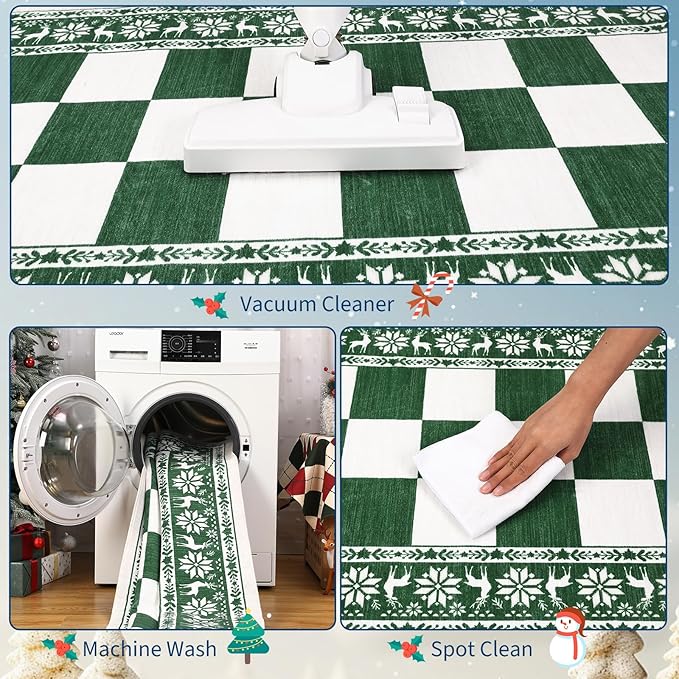GarveeHome Green 5x7 Area Rugs for Living Room, Washable Rug for Christmas Decor, Indoor Non Slip Carpet, Checkered Soft Low Pile Christmas Rug for Bedroom, Dining Room