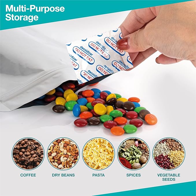 BELLE KR® 50 Pcs 1 Gallon Mylar Bags with Oxygen Absorbers (500cc) - 9.5 mil - Gusseted Mylar Bags 1 Gallon Resealable & Heat Sealable for Long Term Food Storage - Labels Included