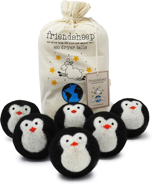 Friendsheep Wool Dryer Balls, Organic Reusable Fabric Softener Alternative for Laundry, Handmade, Fair Trade, Hypoallergenic, Eco-Friendly, Plastic-Free (6 Pack XL – Black Penguin)
