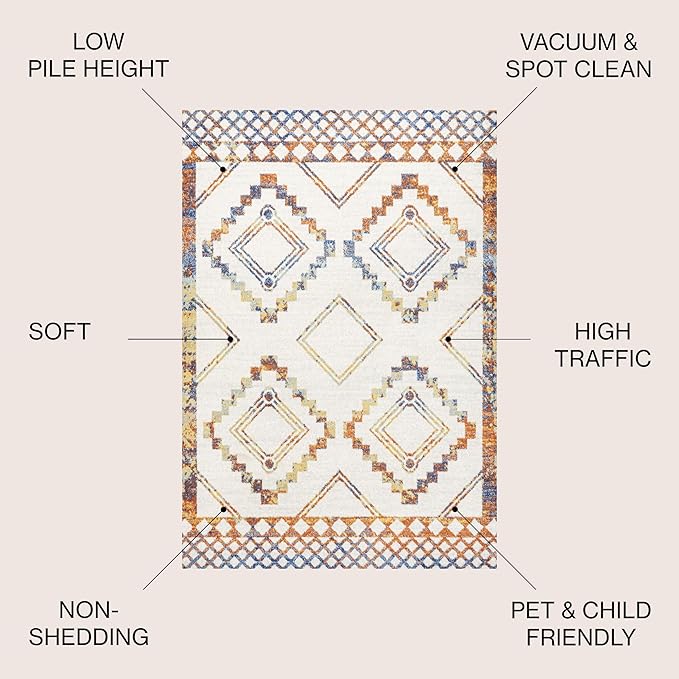 JONATHAN Y Amir Moroccan Beni Souk Ivory/Blue/Orange Indoor Area Rug, 4x6, Bohemian, Scandinavian, Easy-Cleaning for Living Room, Bedroom, Kitchen, Pet Friendly, Non-Shedding (MOH200E-4)