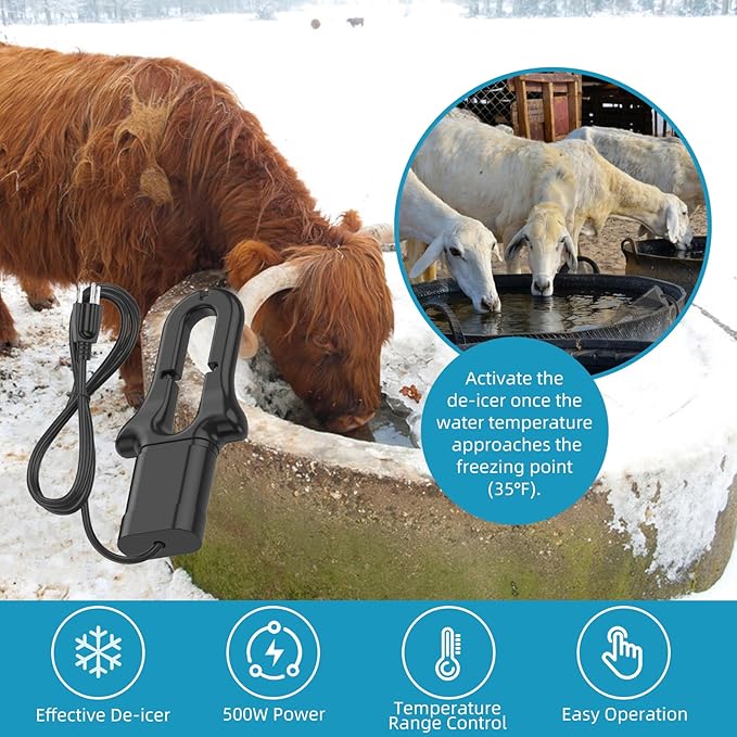 500W Upgraded De-Icer Submersible Birdbath Heater with Black Teflon Coating, Integral Cast Aluminum for Poultry, Livestock, Birds, and Wildlife, Winter Use Indoors and Outdoors, 9.84FT Cord