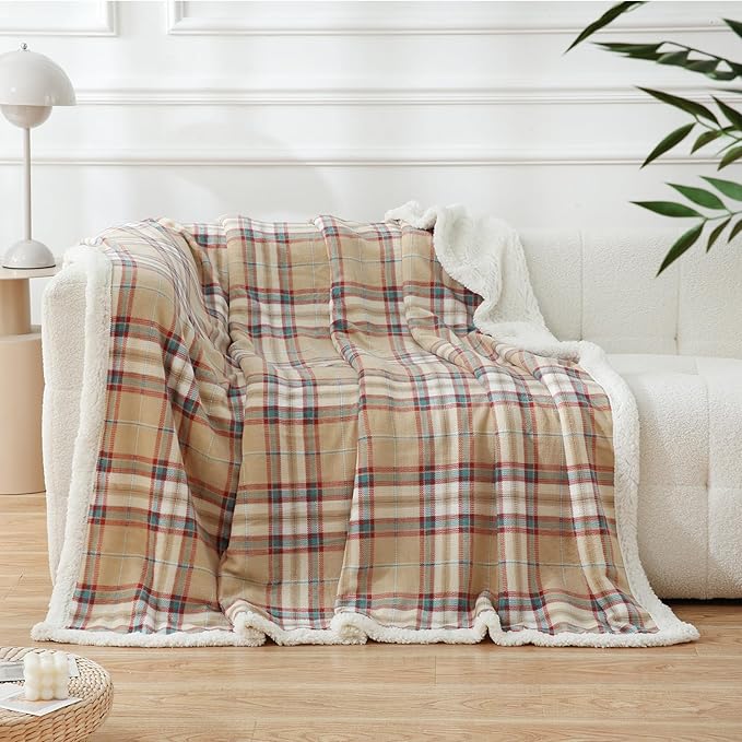 PU MEI Sherpa Blanket Twin Plaid Thick Bed Blanket, 80”*90”Super Soft Flannel Fuzzy Fleece Reversible Velvet Plush Warm Blanket for Couch (Yellow Red Check)