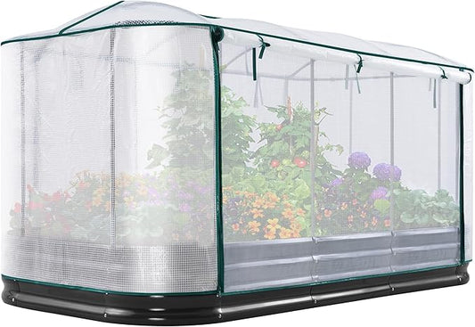 KING BIRD Raised Garden Bed with Cover Galvanized Oval Planter Garden Box Outdoor for Gardening, Vegetables, Flowers 94.5x47.2x11.8 in, White