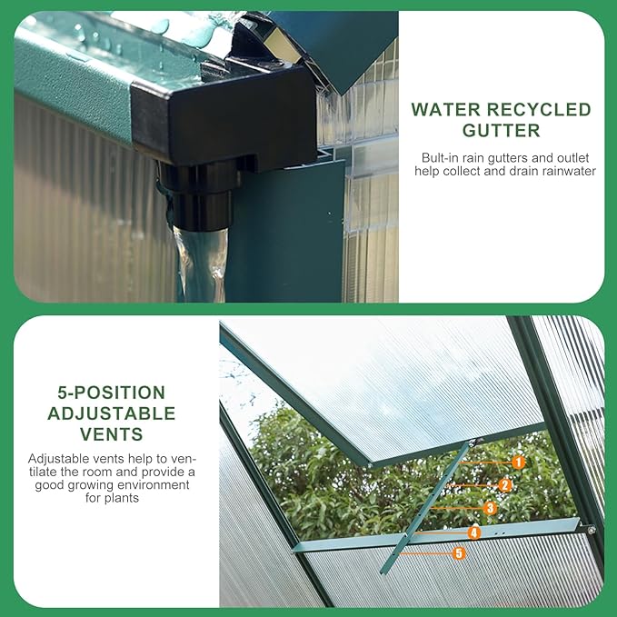 WACASA 10x6 FT Polycarbonate Greenhouse for Outdoors, Heavy Duty Aluminum Greenhouses kit with Rain Gutter, Vent and Lockable Door, Walk-in Green House for Winter, Garden, Patio, Backyard, Green