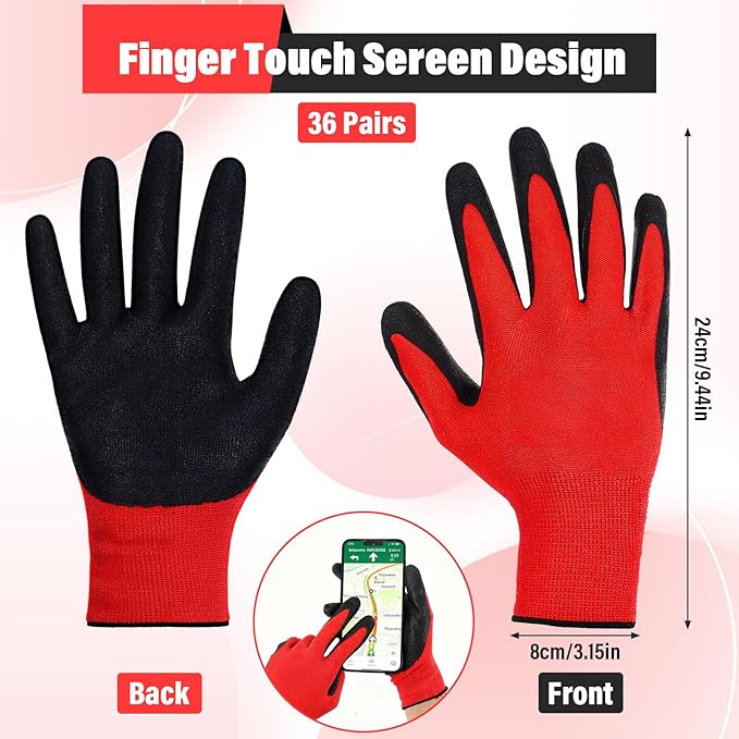 36 Pairs Garden Gloves Bulk for Men Women, Rubber Coated Safety Work Gloves, Nitrile Wear-resistant Landscaping Glove for Gardening, Construction Work