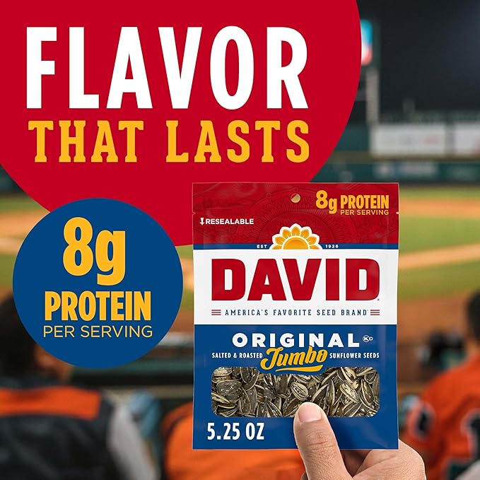 DAVID SEEDS Roasted and Salted Original Jumbo Sunflower Seeds, Keto Friendly, 5.25 Oz, 12 Pack