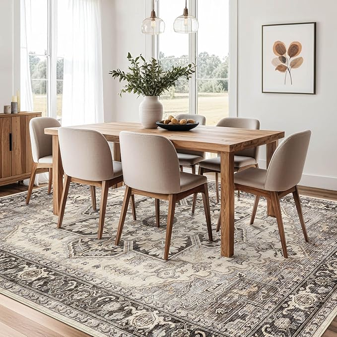 Area Rug for Living Room - 10x14 Soft Machine Washable Oriental Vintage Floral Distressed Large Indoor Floor Carpet for Bedroom Under Dining Table Home Office Decor - Grey Brown
