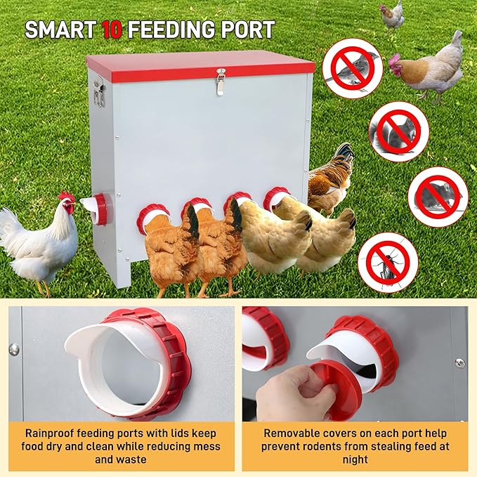 Large 85LB Automatic Chicken Feeder No Waste, Rat Proof Metal Poultry Feeder with 8 Feeding Ports, Rust-Proof Galvanized Steel Auto Chicken Feeder with Locking Lid for Chickens, Geese, Duck & Poultry