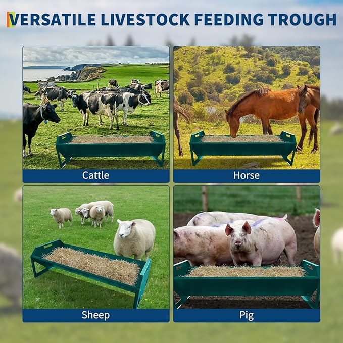 45.13" Heavy Duty Steel Goat Feeder, Heavy Duty 22 Gallon Capacity Livestock Feed Trough, Thickened Livestock Feeder for Goats, Sheep, Horses, Cattle, Alpacas, Easy to Clean, Dark Green