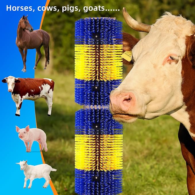 Extra Large Size Livestock Scratching Brush, Upgraded Horse/Goat/Cow/Cattle Scratcher Brush for Grooming, Itch Relief Horse Scratcher Brushes Kit with Two Sets of Mounting Screws(2-Pack,Yellow)