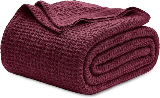 Bedsure Gentlesoft 100% Cotton Blanket Queen Size for Bed - Breathable and Soft, Thick Cozy Waffle Weave Christmas Blanket Gift for Women, Red, 90x90 Inches