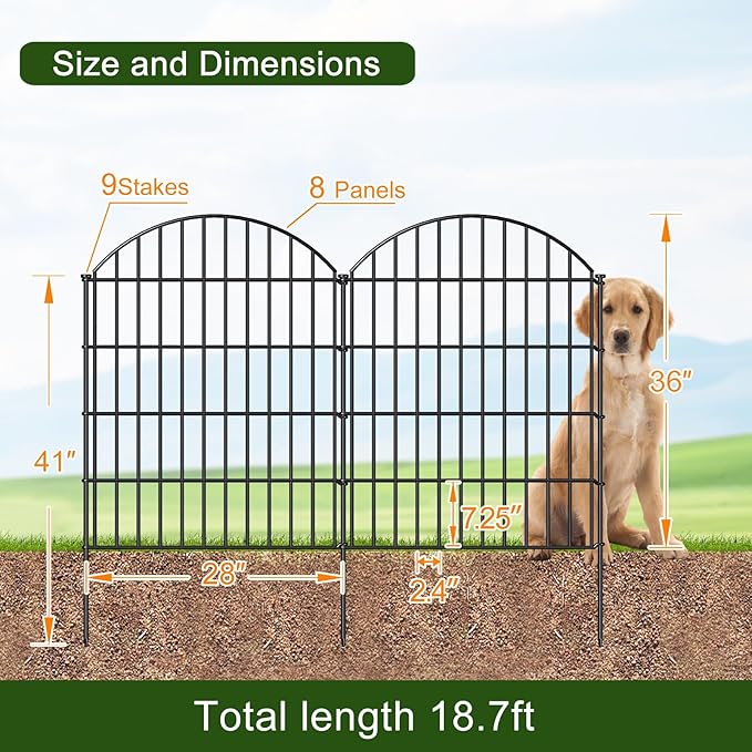 Metal Garden Fence 36in (H) x 18.7ft (L), 8 Panels +9 Stakes Dog Fence Border Fence Animal Barrier, No Dig Garden Fencing for Yard Flower Bed Lawn Patio Outdoor,CTW3608 Black