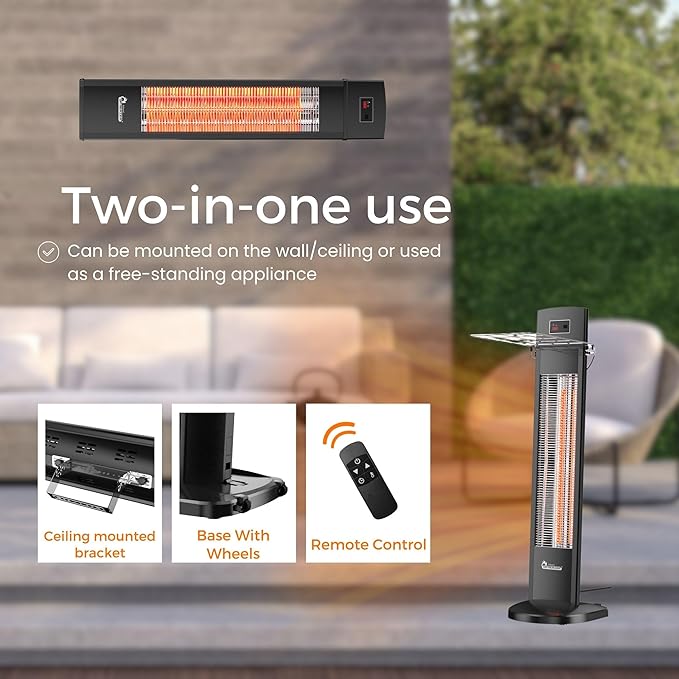 DR. INFRARED HEATER DR-298 Freestanding Portable Infrared Space Heater, 1500W Indoor Outdoor Use, Wall/Ceiling Mountable, Remote Control, 3 Heat Settings, Timer, Tip-Over & Overheat Protection, Black
