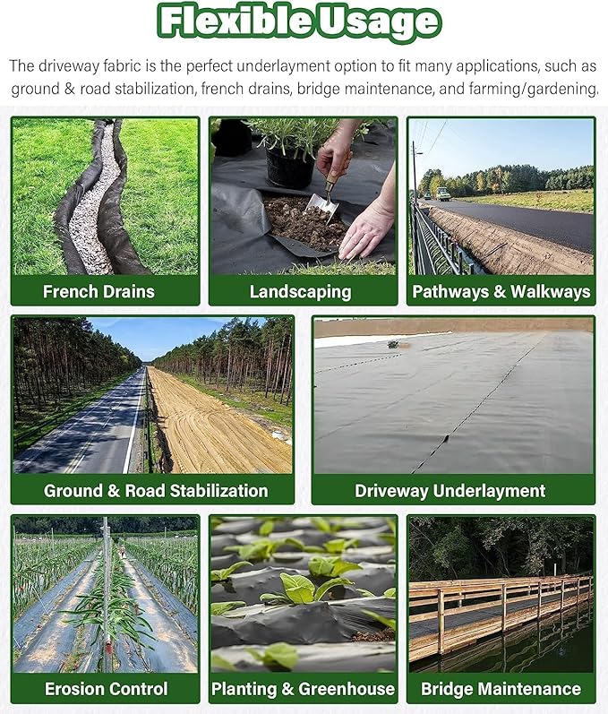 PioneerWorks Geotextile Landscape, 4ft x 100ft & 6oz Geotextile Fabric, PP Drainage 350N Tensile Strength & 440N Load Capacity, for Driveway & Road Stabilizationr, Erosion Control, French Drains