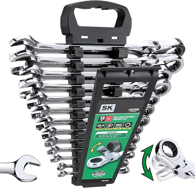 SK Flex-Head Ratcheting Wrench Set, Combination Wrench Set, 13-Piece, SAE 1/4" to 1", 72-Tooth, Premium CR-V Construction, with Rack Organizer