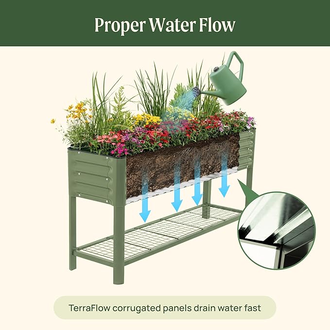 Elevated Raised Garden Bed- Slim Series, 1.5' x 5.5' Outdoor Planters Boxes with Legs & Storage Rack for Patio, 750 Lbs Weight Capacity, Raised Beds for Gardening Herbs Vegetables Flowers, Pearl White