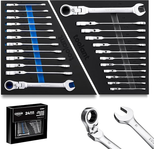 toolant 24pcs Ratcheting Wrench Set, Flex-Head Ratchet Combination Wrench Sets with Switch Design, 8-19mm & 1/4"-7/8", 90-Tooth and 4°Swing, 24PCS with Storage Tray