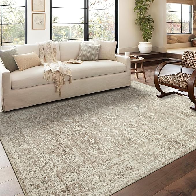 Madane Washable 6x9 Area Rugs for Living Room, Vintage Natural Rug with Non-Slip Backing, Soft Stain Resistant Throw Rugs Thin Carpet for Bedroom Dining Room Farmhouse (6 x 9, Brown/Sand)