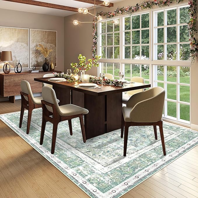 Vhong Boho Area Rugs Washable Vintage Modern Neutral Large Carpet Sage Green 5×7 High Traffic Rugs for Dinning Room Living Room Bedroom Farmhouse Non Slip