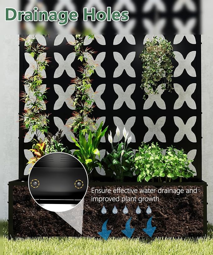 2PCS Metal Planter Box with Trellis,70.9"x47.2"x15.7" Raised Garden Bed with Drainage Holes, Privacy Planters for Outdoor Garden Bed for Climbing Plants,Vegetables,and Vines, Black-X