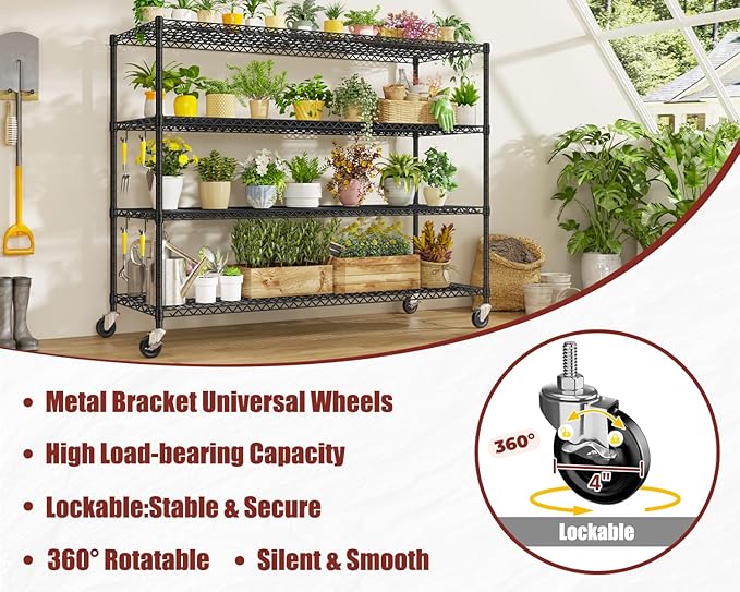 PrimeZone 60" W x 24" D x 76" H Heavy Duty Wire Storage Shelves with Wheels, 4 Tier Adjustable NSF Certified Garage Shelving Unit, Rolling Metal Organizer Shelf Rack for Warehouse, Pantry, 4 Packs