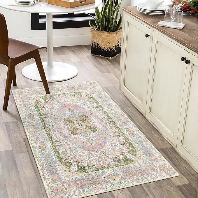 Small Rugs 2x3,Pink Rug for Entryway Bathroom Bedroom Kitchen Entrance Doormat,Boho Vintage Bohemian Distressed Washable Accent Floor Throw Carpet Non Slip,Blush Green