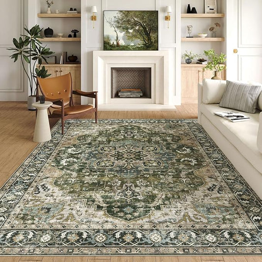 Washable Area Rug 8x10 - Large Moss Green Boho Rugs for Living Room Soft Vintage Bedroom Rug Ultra-Thin Oriental Farmhouse Distressed Carpet Non Slip Rug for Dining Room Guest Room Home Decor