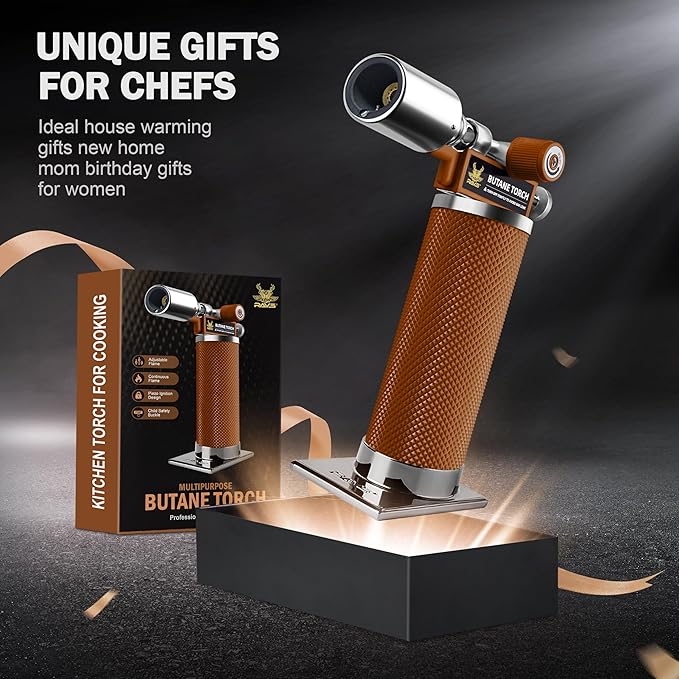 RAVS Butane Torch Lighter, Kitchen Torch with Adjustable Flame, Cooking Torch for Creme Brulee, BBQ, DIY, Christmas Gifts Stocking Stuffers Gifts for Women, Brown, Butane Gas Not Included