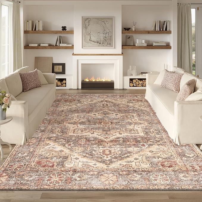 Area Rug 4x6 Living Room,Machine Washable Rugs,Stain Resistant Soft Thin Non-Slip Floral Carpet, Boho Vintage Home Decor,for Indoor Bedroom,Office,Farmhouse,Dining,Dorm