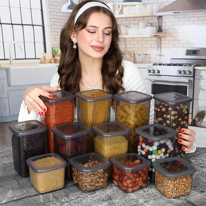 T&D HOME GOODS Storage Jars with Lid, Airtight, Set of 12 Storage Containers, BPA-Free, Storage Container for Cereal, Flour, Kitchen, Practical Organiser Kitchen, (12, 3 Square diff size)
