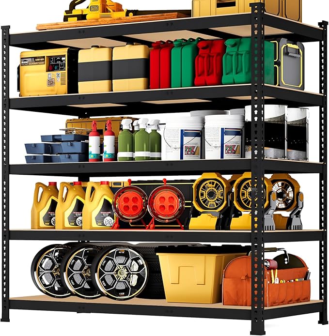 48" W x 24" D x 72" H Garage Shelving Heavy Duty - 5 Tier Metal Storage Shelves, Adjustable Shelving Unit, Utility Rack Shelf for Pantry, Warehouse, Closet, Office, Kitchen, Black