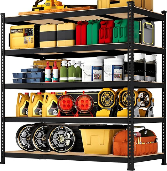 48" W x 24" D x 72" H Garage Shelving Heavy Duty - 5 Tier Metal Storage Shelves, Adjustable Shelving Unit, Utility Rack Shelf for Pantry, Warehouse, Closet, Office, Kitchen, Black